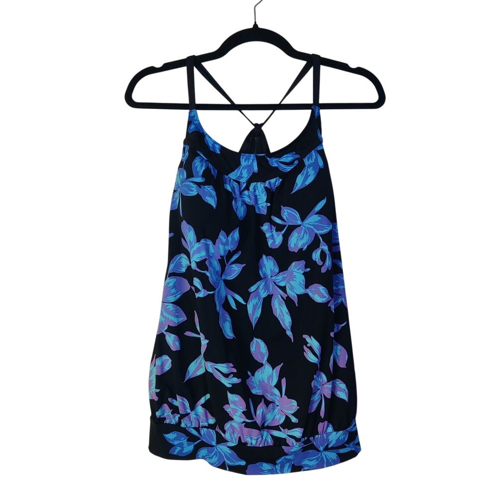 Lands End Blouson Tankini Swimsuit Top Midnight Blue Floral 12 Supportive Modest
